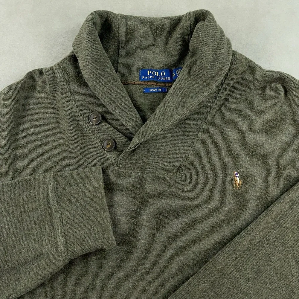 Polo Ralph Lauren Sweater Mens XL Green Long Sleeve Pony Shawl Collar Estate Rib